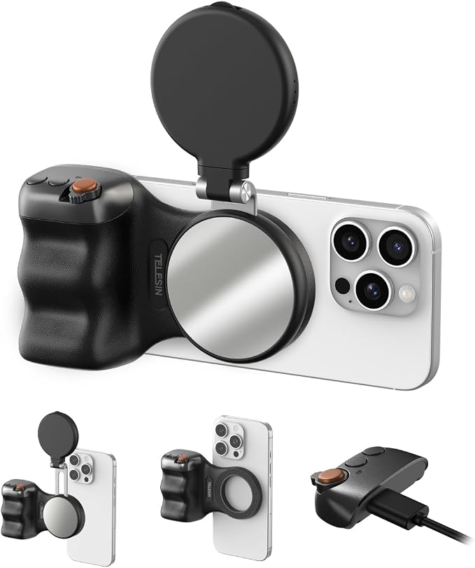 TELESIN Fun Shot Magnetic Phone Camera Grip with Magnetic Selfie Light Kit | Phone Selfie Grip Creator Kit for iPhone Magsafe & Android Native Camera Selfies/Photography/TikTok/Zoom Calls/Video (Black) by telesin