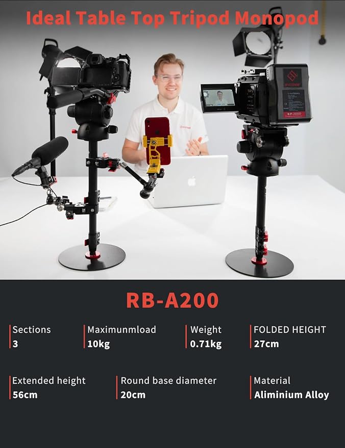 IFOOTAGE RB-A200 Round Base Monopod 22" Aluminum Tripod Stand | Tabletop Tripod Stand for Desk Compatible with DSLR Camera Light Webcam for Live Streaming Vlogging, Payload 10KG/22LBS - Image 2
