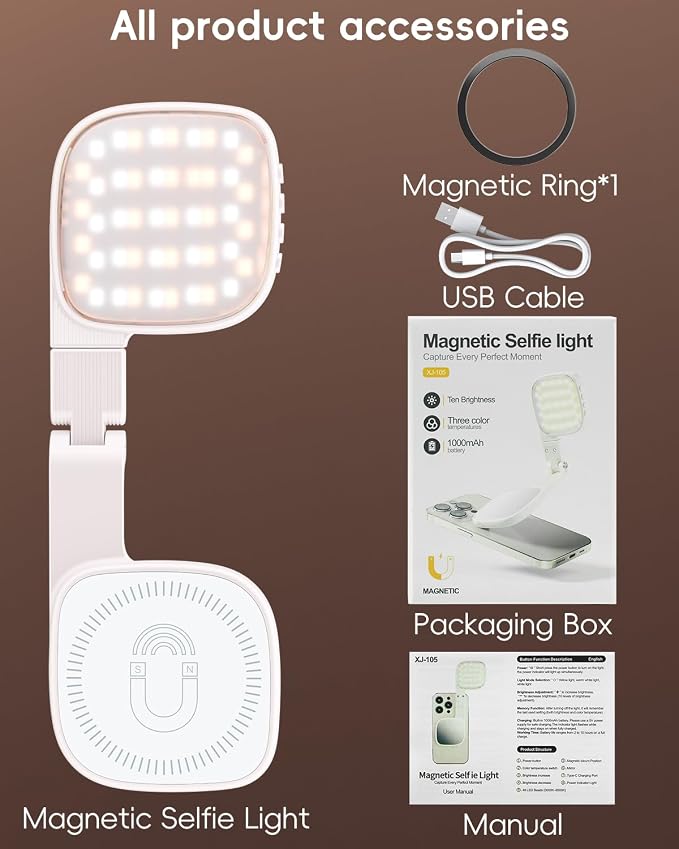 Magnetic Selfie Light for Video Calls, 360° Foldable Ring Light with 3 Colors & Dimmable Brightness, 1000mAh, MagSafe Compatible with iPhone 17-12 & All Phones for Zoom/TikTok/Selfie（White） - Image 7