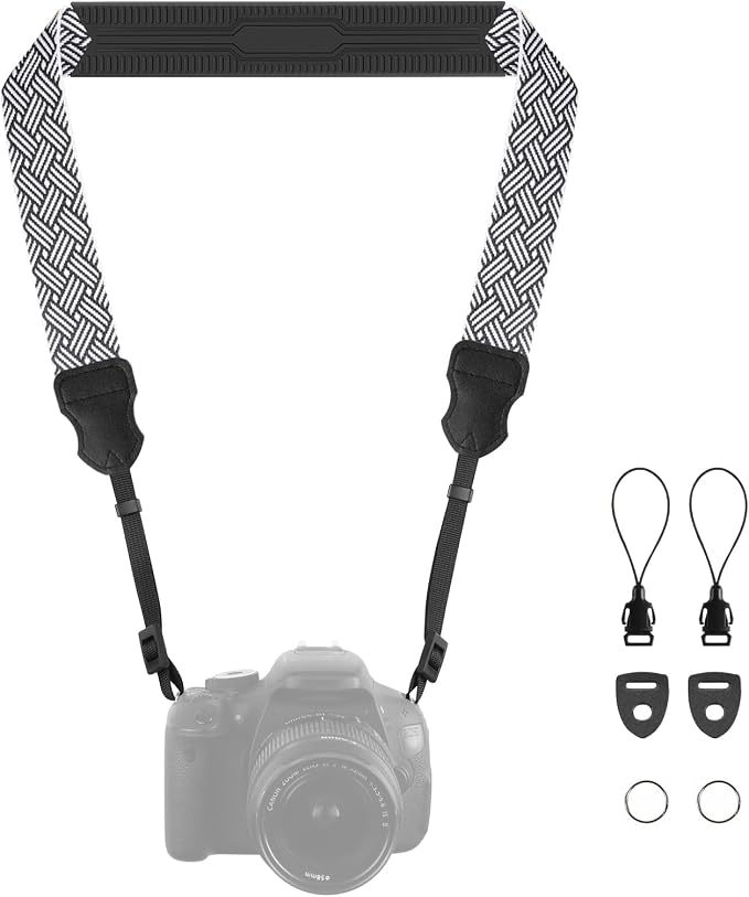 FIEIL Neck Strap Silicone Camera Straps - Padded Camera Strap, 1.5" Wide Adjustable Neck Strap - Compatible with Canon, Nikon, Sony, and More DSLR and Mirrorless Cameras (Black and White Stripes) by FIEIL