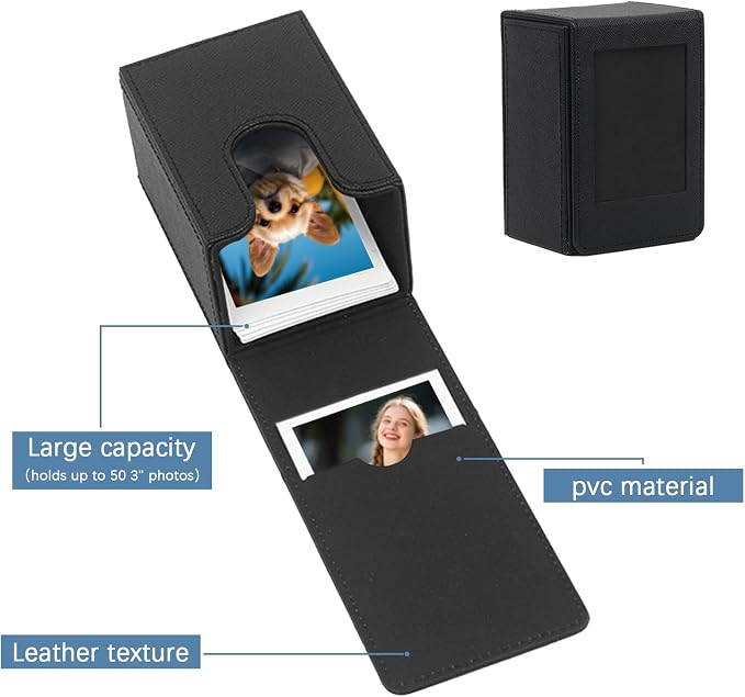 PU Leather Photo Holder Case – MaehSab Compatible with 2x3 Films for Mini Picture Size (54x86mm), Fits 50 Photos, Portable Storage Box with Pocket – Black - Image 3