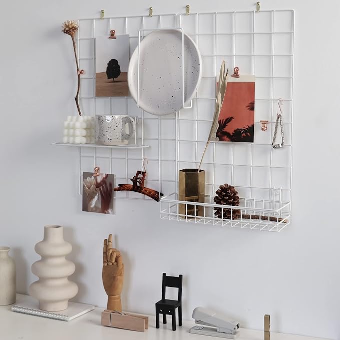Wall Grid Panel for Photo Display,Wall Storage Organizer,5 Metal Clips & 3 S Hooks & 4 Nails & 4 Plastic Hanging Buckles and 4 Screws Offered,Size 17.5" x 11.8",Set of 2 (White) - Image 4