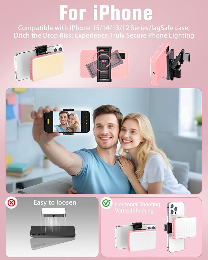 168 LED Selfie Light for iPhone, Phone Light, 3000mah Rechargeable Picture Light Clip Portable Lights for Phone, Camera, Laptop, iPad, 3 Lights Modes for Makeup, Video Conference, TikTok, Vlog (Pink) - Image 7