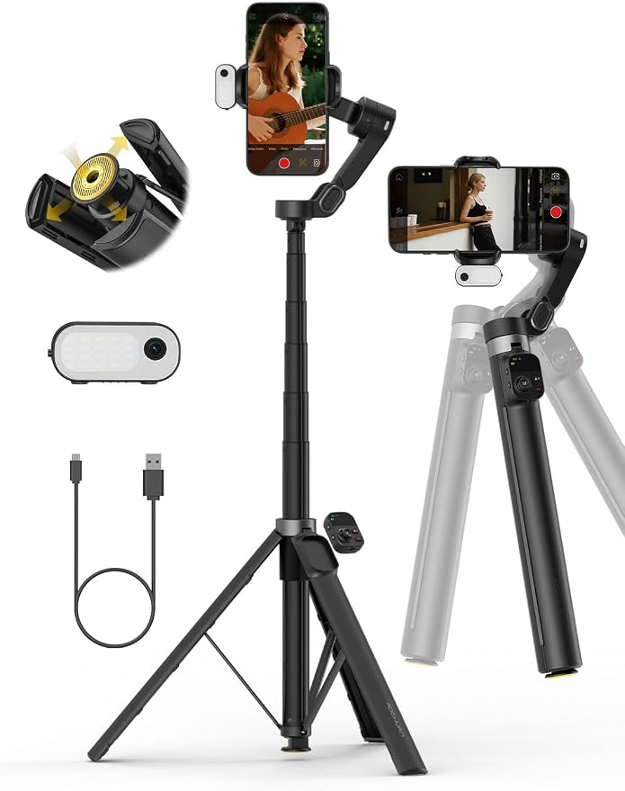 AOCHUAN Smart V3 70.9” Gimbal Stabilizer for iPhone w/AI Tracking Module | Remote Control & One-Touch Open Tripod for Phone Gimbal, 360° Pan Rotation Gimbal w/51" Extension Rod for Shooting,Fill Light by AOCHUAN