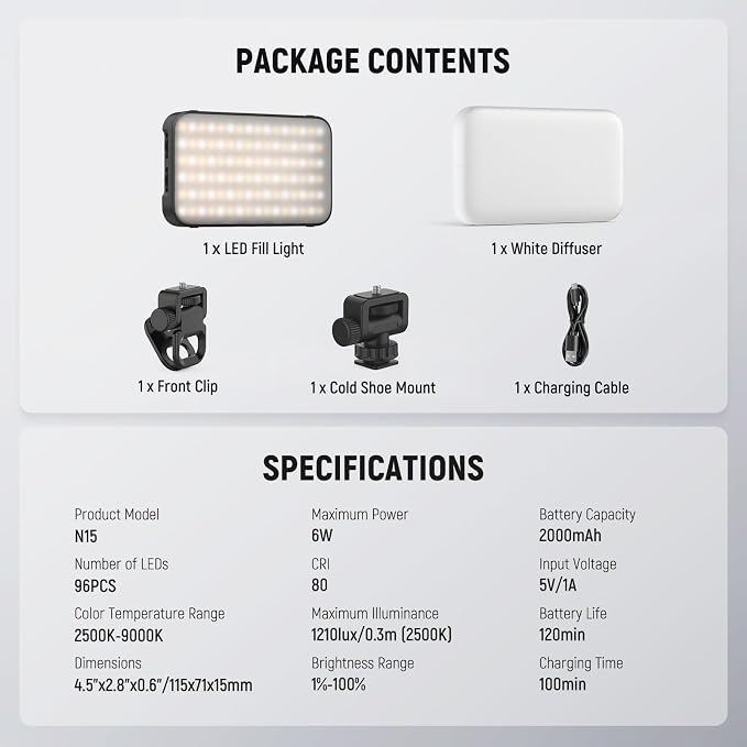 NEEWER Entry Level Version Phone Selfie Light for iPhone, 2500-9000K CRI80 2000mAh Rechargeable Plastic Clip on Makeup Streaming Recording Laptop Computer Video Conference Fill Lighting, N15 - Image 8