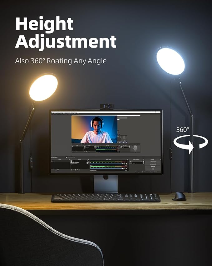 10.2" Desk Ring Light with Stand, 360° Rotate Desk Lamps for Home Office with C-Clamp, Flexible Height Desk Light, Adjust Arm Ring Light for Desk, Podcast, Gaming, Recording, Zoom Lighting - Image 2
