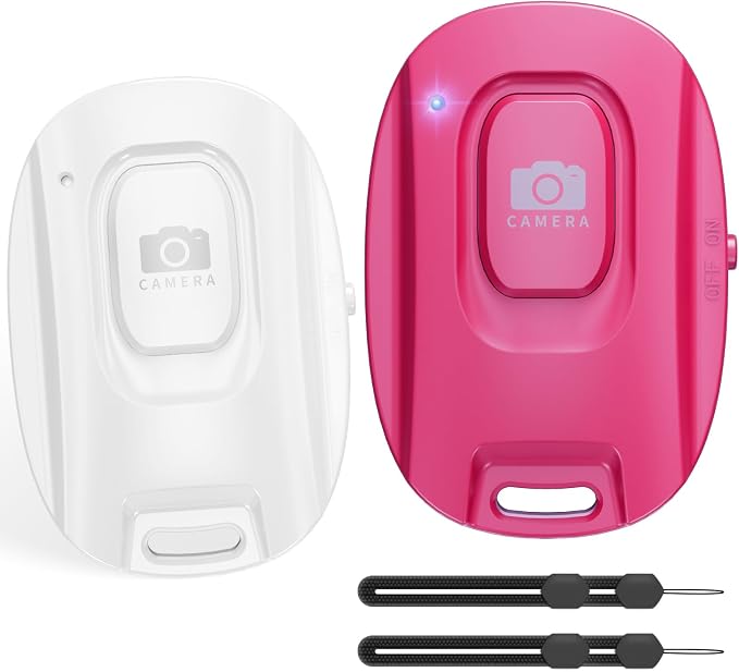 Wireless Camera Remote Shutter for iPhone and Android Smartphones 2 Pack, Bluetooth 5.2 Phone Remote Control Selfie Button for Photos and Videos, Battery Powered, Wrist Strap Included, Red & White by VYVIYON