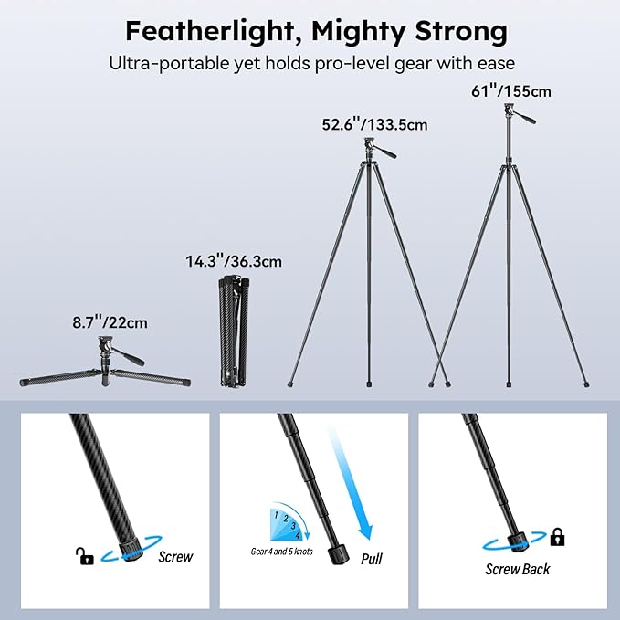 SIRUI Traveler Air Carbon Fiber Travel Tripod, KV-5 Fluid Head, 61" | 1.33kg Lightweight, 360° Pan, -80° To 90° Tilt, 2s Quick Release Leg, Reversible Column, Max Load 5kg - Image 3