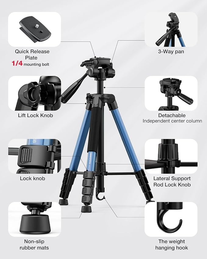 CAMBOFOTO 73" Camera Tripod and Monopod, Aluminum Tripod Stand/Navy Blue | for Professional Camera/Mirrorless/DSLR/Cell Phone/Camcorder/GoPro, with Phone Holder/Travel Bag - Image 6