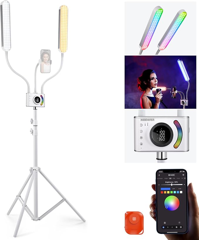 NEEWER RGB Esthetician Light Kit Upgraded with Phone APP Control/Touch Bar, Separate Control Dual Arm LED Video Light w Phone Holder/Stand/Travel Bag, 2500K-10000K 18 Scenes for Tattoo Lash, BH40C by Neewer