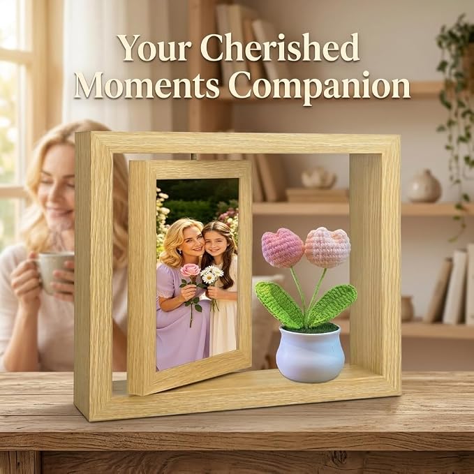 4x6 Rotating Picture Frame Desktop with Crochet Pink Tulip, 4x6 Double-Sided Display Vertical Photo- 2026 Graduation Gift for Girls Her Teacher Tulip Flower Gifts for Mom Women Office Desk Cute Decor - Image 6