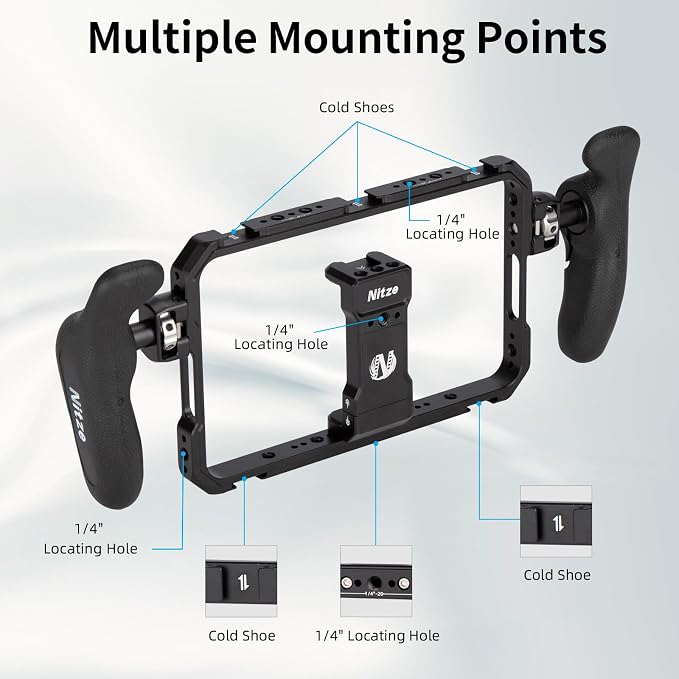 Nitze Smartphone Cage Universal Phone Video Rig - T-MP01B | Ergonomic Side Handles, Adjustable Cellphone Clamp, 5 Built-in Cold Shoes, For Vlogger and Videographer - Image 3
