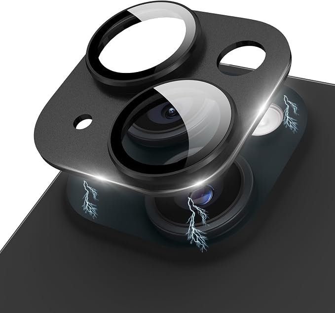 Compatible for iPhone 15/ iPhone 15 Plus/iPhone 14/ iPhone 14 Plus Camera Lens Protector Metal Plus Aluminium Alloy Ring 9H Tempered Glass Screen Camera Cover Black by KANOSAN