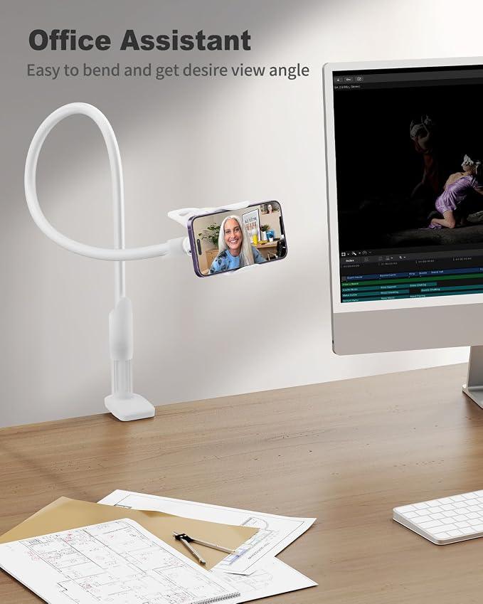 SAIJI Gooseneck Cell Phone Holder, Clamp Universal Lazy Mount Clip Hands Free Flexible Long Arm Bracket Grip for 4.0-6.3 Phones Mobile Stand Baby Monitor for Desk, Bed, Office, Kitchen (White) - Image 6