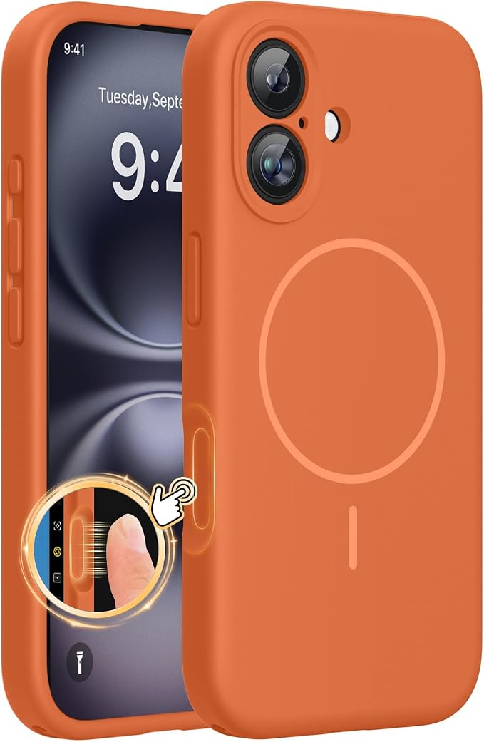 Miracase Silicone & Magnetic for iPhone 16 Case, Orange | Compatible with MagSafe, Anti-Scratch Microfiber Lining, Liquid Silicone Case Shockproof Drop Protection Phone Case for 16 by Miracase