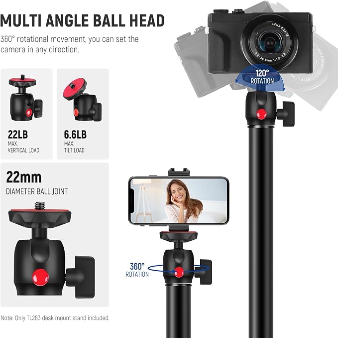 NEEWER Camera Desk Mount with Holder & 360° Ball Head, 17"-40"/43-102cm Telescopic C Clamp Table Light Stand 1/4" Screw, Desktop Stand 6.6lb/3kg Max Load for DSLR Camera, Webcam, Ring Light,TL283 - Image 3