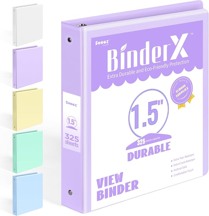 BinderX 3 Ring Binder 1.5 Inch, Clear View Binder, Lavender, Letter Size | Extra Durable, PVC-Free, Customizable, Interior Pockets, 325-Sheet Capacity, Eco-Friendly, Reinforced Hinge, School, Office by Sooez