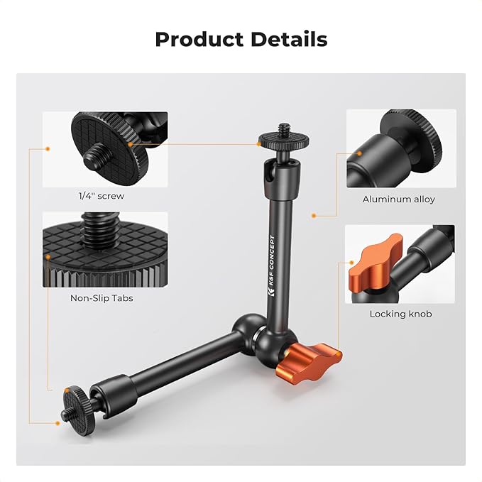 K&F CONCEPT 9.8" Magic Arm, 1/4" Screw Camera Mount Arm 360° Ball Heads | for DSLRs, Monitor, Flash, LED Light, Microphone, Camera Cage, Action Camera, MS32 - Image 2