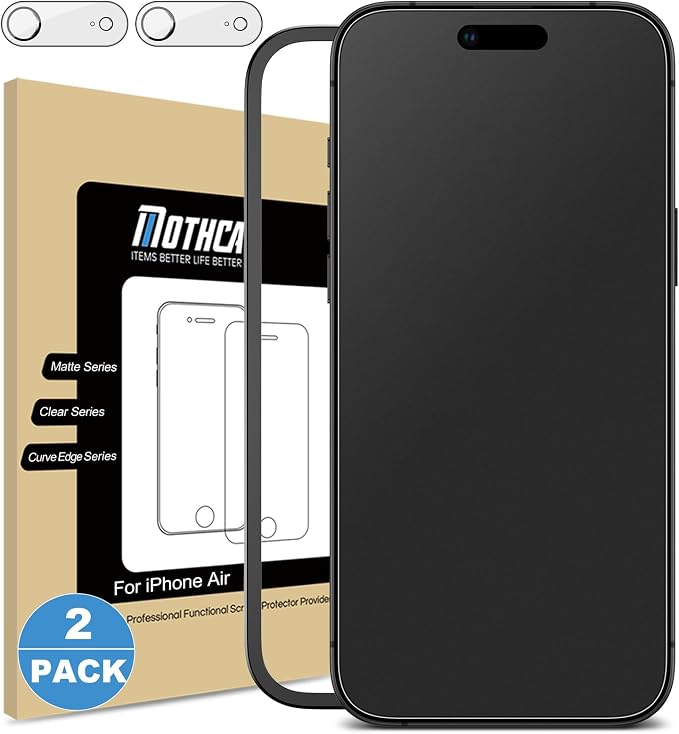 Mothca 2 Pack Matte Glass Screen Protector for iPhone Air / 17 Air [6.5 inch] + 2 Pack Camera Lens Protector, Anti-Glare & Anti-Fingerprint Case Friendly Tempered Glass, Bubble Free, Smooth as Silk by MothcaDirect