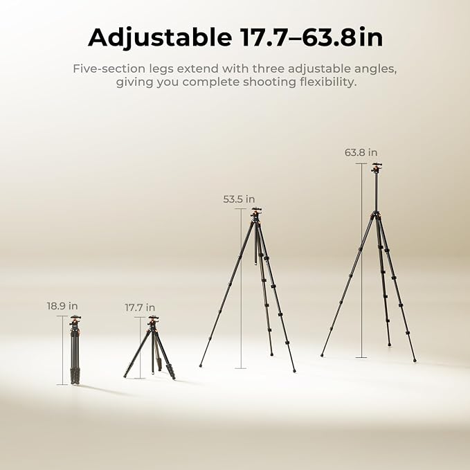 K&F CONCEPT 63" Aluminum Travel Tripod for Camera/Phone | 2.6lb Compact with Arca Ball Head, 22lb Max Load Heavy Duty for DSLR/Mirrorless/iPhone Video, A305A1+BH-40 - Image 6