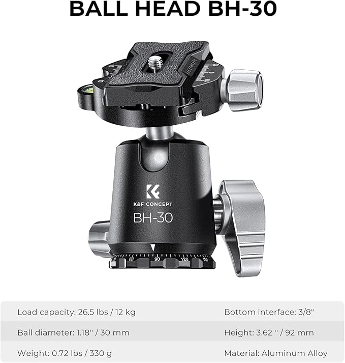 K&F Concept X-Series 68" Carbon Fiber Camera Tripod | Professional Photography Tripod, 30mm Metal Ball Head, Load Capacity 26.4lbs, Indoor Outdoor Use,X254C4+BH-30L - Image 5