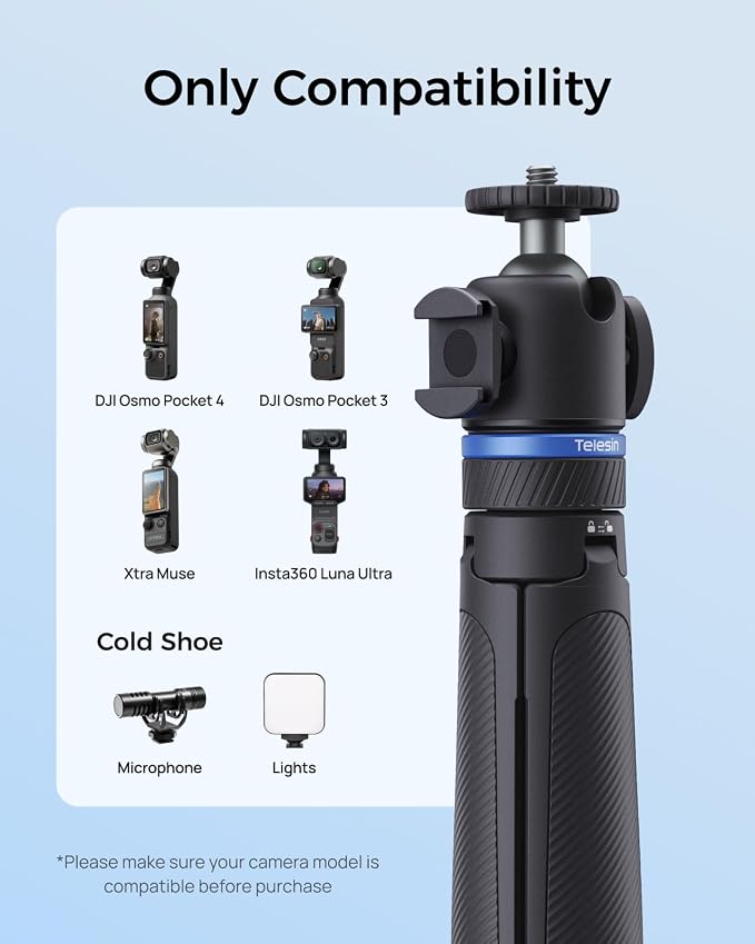 TELESIN 0.1s Auto Open Mini Selfie Stick Tripod for DJI Osmo Pocket 3 4 | 65 cm/25.5in Tripod Compatible with Insta360 Luna Ultra Xtra Muse Action Camera Accessories, Cold Shoe Mount, 360° Ball Head - Image 7