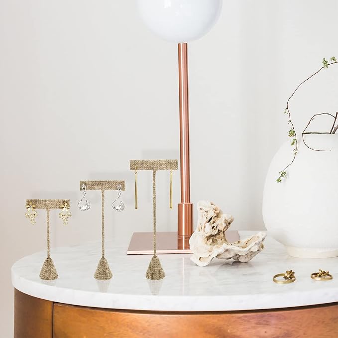 Ikee Design 6Pcs Set Earring Stand Display 3 sizes Ht., Natural Linen | MULTI-HEIGHT EARRING DISPLAY: Linen with a stable metal base for various earring sizes; 2.5"W x 5.5"H. - Image 6