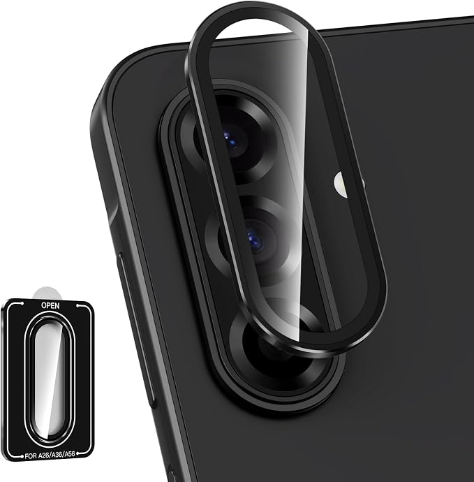 for Samsung Galaxy A36/A56 Camera Lens Protector, Individual Metal Ring Tempered Glass Lens Cover, [Strong Adsorption] Scratch Resistant Ultra-Thin HD Clear Lens Cover, 1 Set-Black Ring by Btscase