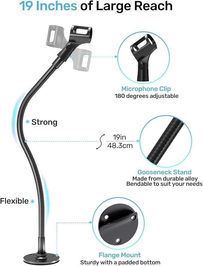 19-Inch Gooseneck Microphone Stand, Desktop & Wall Mount with Flange Base | Flexible Gooseneck Mic Arm, Heavy Duty Steel, Flange Mount Base, for Podium, Studio, Lecture, Podcast, Gaming, Streaming - Image 3