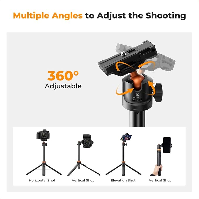 K&F CONCEPT 62'' Phone Selfie Stick Tripod | 360° Ball Head Camera Tripod with Remote, 2-in-1 Phone Holder Compatible with DJI Osmo Pocket 4/3 Insta360 Luna Ultra. MS08 - Image 5