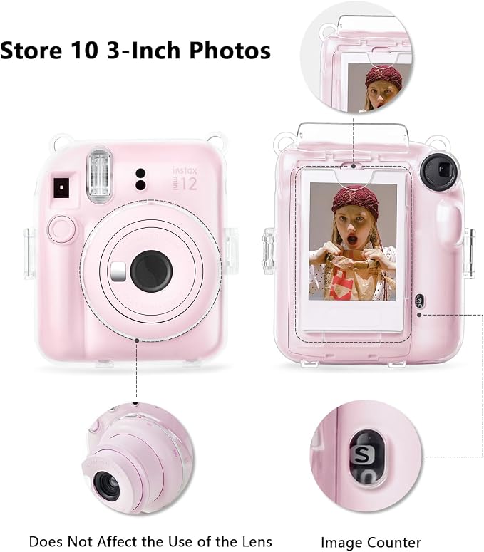 Rieibi Instax Mini 12 Accessories Gift Bundle: Clear Case with Strap, Photo Album, Selfie Mirror, Color Filters, DIY Stickers - Pink - Image 3