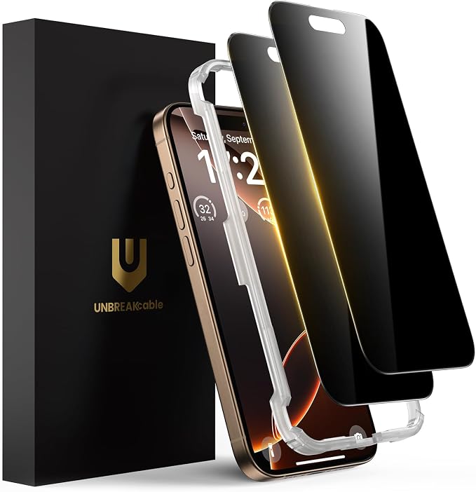 UNBREAKcable Privacy Screen Protector for iPhone 16 Pro, 2-Pack | True 28° Anti-Spy, Shatterproof Tempered Glass, 9H Hardness, Easy Install, Bubble-Free, Anti-Scratch, Case Friendly by UNBREAKcable