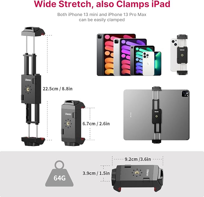 ULANZI ST-29 Phone Tripod Mount, 2-in-1 Tablet Smartphone Holder Adapter | Cold Shoe Mount, Dual 1/4" Screw Holes for tripod, 2.6"-8.8" Extend Clip Clamp Compatible with iPad, iPhone, Android - Image 2