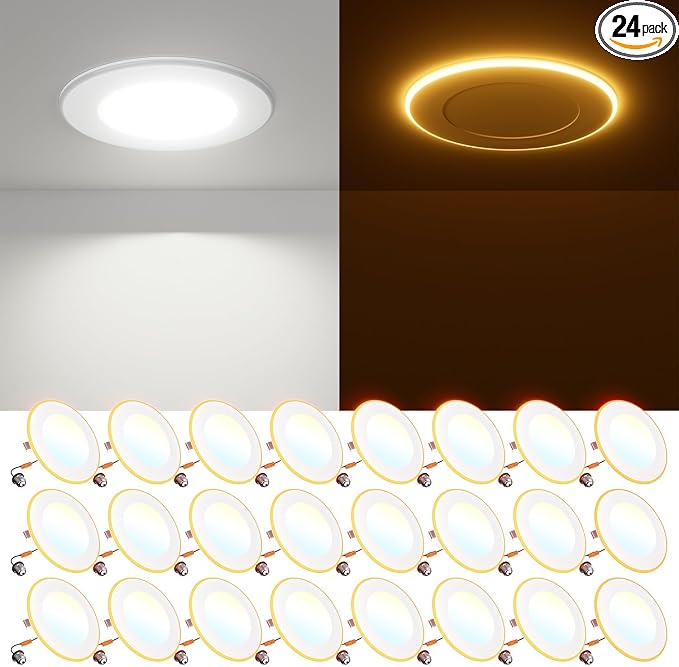 FREELICHT 24 Pack 4 Inch 5CCT LED Recessed Lighting with Night Light | 2700K/3000K/4000K/5000K/6000K Selectable,Dimmable Retrofit Flat Can Lights, 700LM ,7W, IC & Damp Rated, ETL & FCC by FREELICHT