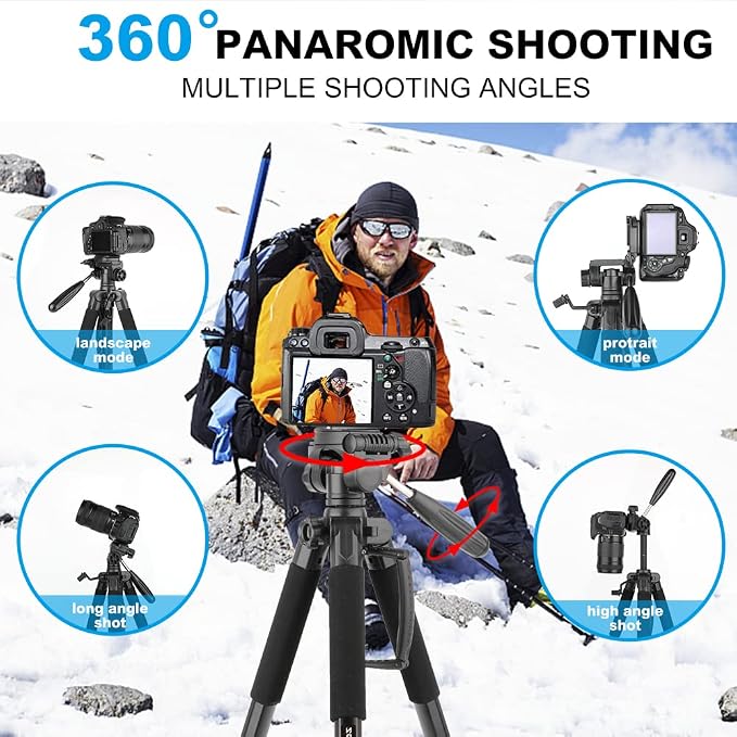 74’’ Camera Tripod,Heavy Duty Camera Stand Tripod,Cell Phone Tripod with Phone Holder, Professional Travel DSLR Tripods Compatible with DSLR Cameras,Cell Phones,Projector,Webcam(Black) - Image 3