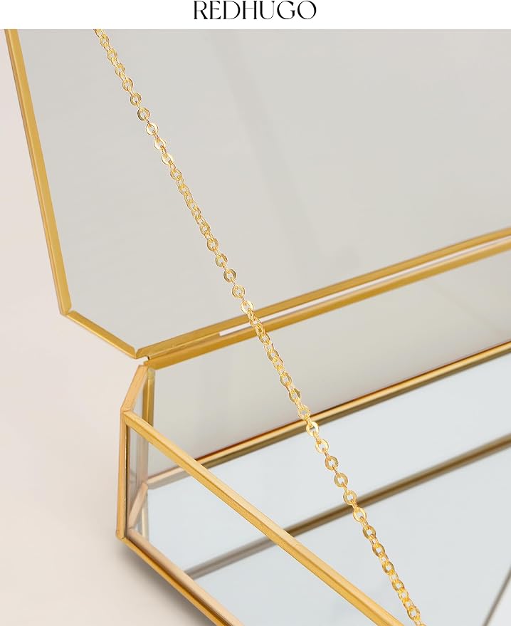 REDHUGO Large Glass Boxes for Display Handmade, Octagon, Gold | Handmade Glass Jewelry Box with Mirrored Bottom and Lid, Ideal for Trinkets, Photos, Keepsakes and Vanity Decor - Image 7