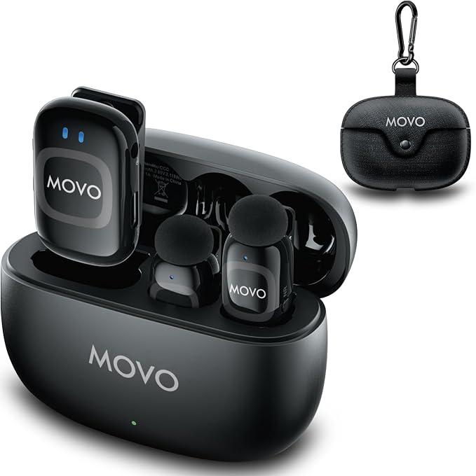 Movo NanoMic Wireless Lavalier Microphone for Camera – Clip-On TRS Wireless Mic System for DSLR, Camcorders, and Mirrorless Cameras – Dual Microphones with Charging Case for Video, Interviews by Movo