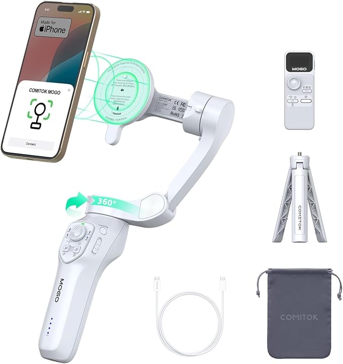 COMITOK Only for iPhone, MOGO [Apple MFi Certified] Gimbal Stabilizer for iPhone Stabilizer for Video Recording, Native Camera Control by Remote & Apple Watch, Background Mode Tracking in iOS26 by COMITOK