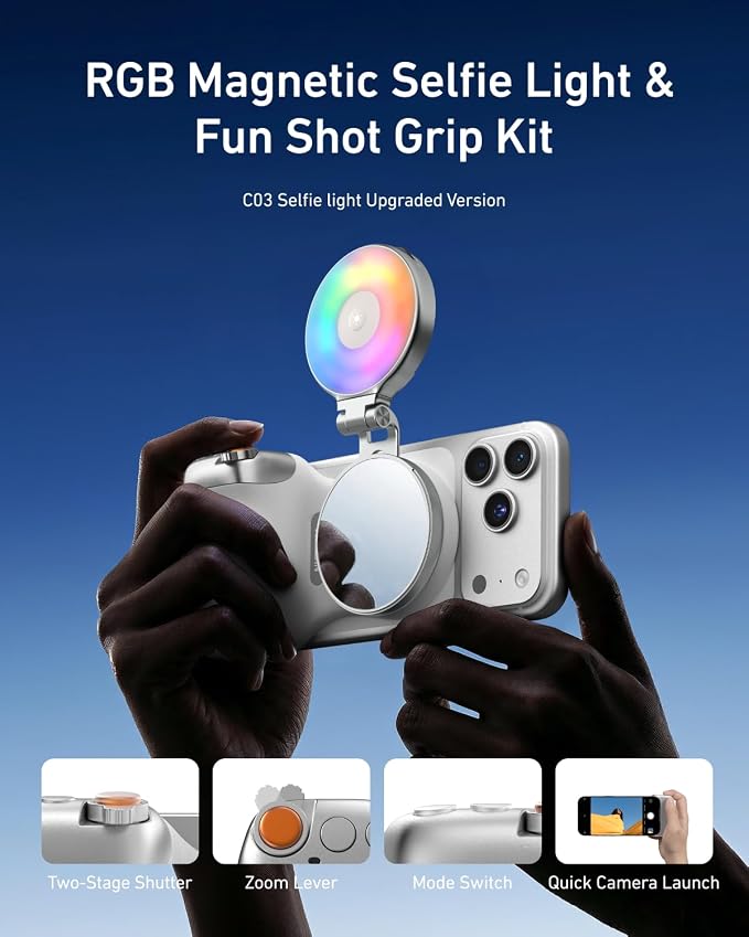 TELESIN Fun Shot Magnetic Phone Camera Grip & 4 in 1 RGB Selfie Light Kit | Phone Selfie Handle Creator Bundle Kit Compatible with iPhone Magsafe & Android Selfies/Photography/TikTok/Zoom Calls/Video - Image 2