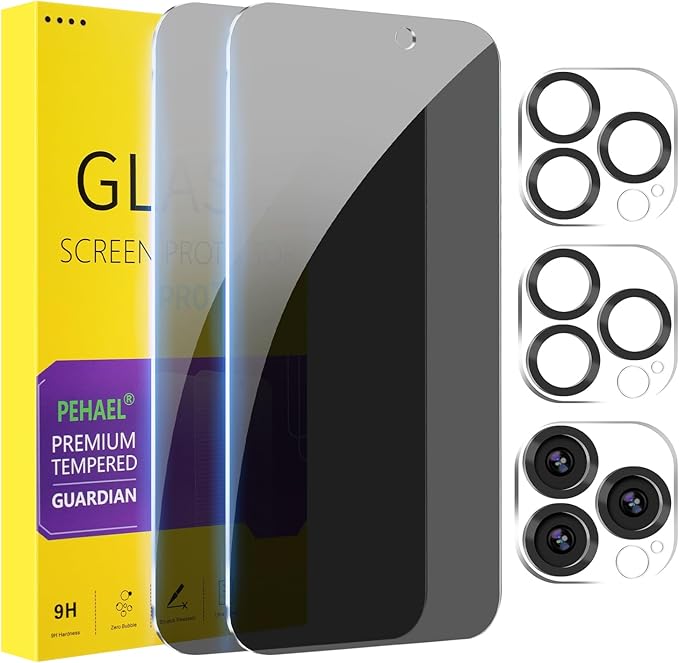 PEHAEL for iPhone 15 Pro Privacy Screen Protector+Camera Lens Protector | Installation kits, Anti-Spy Private, Anti-Scratch, 9H Tempered Glass, Case Friendly, 2+2 Pack, [6.1 inch] by PEHAEL