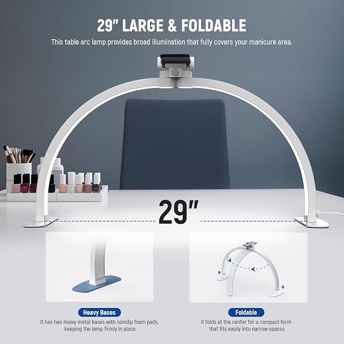 NEEWER Basics 29" Half Moon Nail Light for Desk, 36W Foldable Nail Tech Table Arc Lamp, LED Manicure Half Ring Light with Phone Holder for Makeup Beauty Tattoo Overhead Video Recording, HM02-D - Image 5