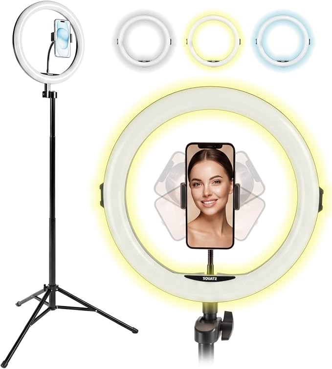 11’’ LED 12W Selfie Ring Light with Wired Control, 3 Color Modes, 10 Brightness Levels, Tripod Stand with 6 Sections, Phone Holder, Adjustable Brightness Levels for Influencers, YouTube, TikTok by SQUATZ