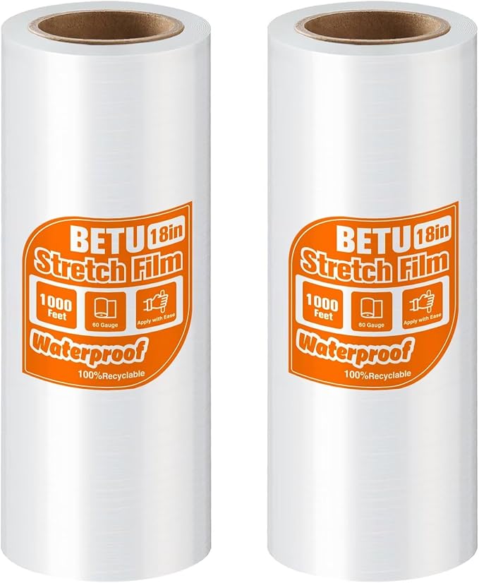 18 inch Stretch Film Shrink Wrap for Moving Supplies, 2 Pack Industrial Strength Stretch Plastic Wrap Roll for Pallet Wrapping Shipping Moving Boxes Storage Furniture,1000ft, Clear by BETU