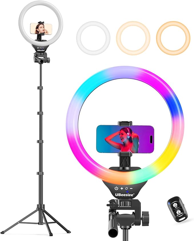 UBeesize 12'' LED RGB Ring Light with 62'' Tripod Stand, Selfie Ring Light for Video Recording, Live Streaming, TikTok & YouTube, Compatible with iPhone & Android by UBeesize