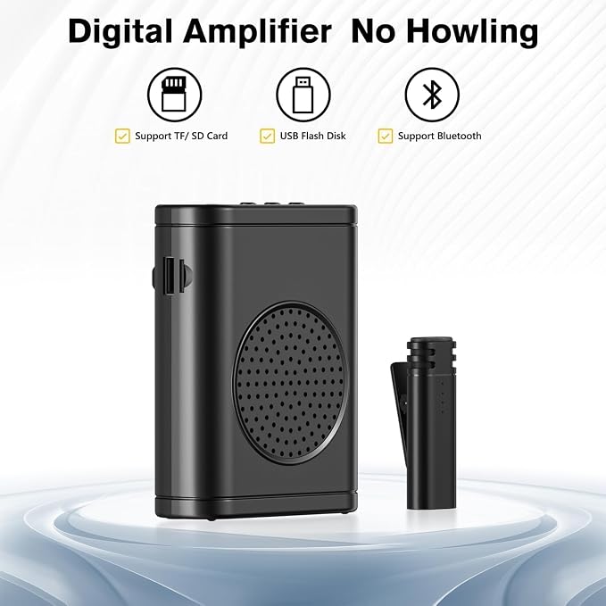 Wireless Voice Amplifier with Wireless Lavalier Microphone, Bluetooth Speaker, PA System, Support USB/TF/SD Card, Cordless Omnidirectional Mic for Teacher, Streaming, Classroom, Speech, Meeting, Yoga - Image 3