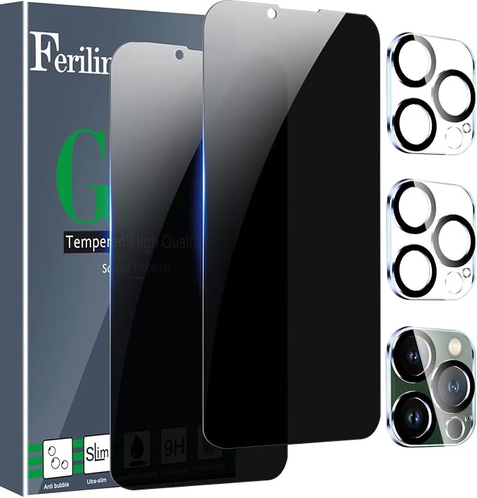 Ferilinso Privacy Screen Protector for iPhone 13 Pro, Tempered Glass | 2 Pack, 9H+ Hardness, Military-Grade Shatterproof, Case Friendly, Easy Installation Bubble Free, with Camera Lens Protectors by Ferilinso