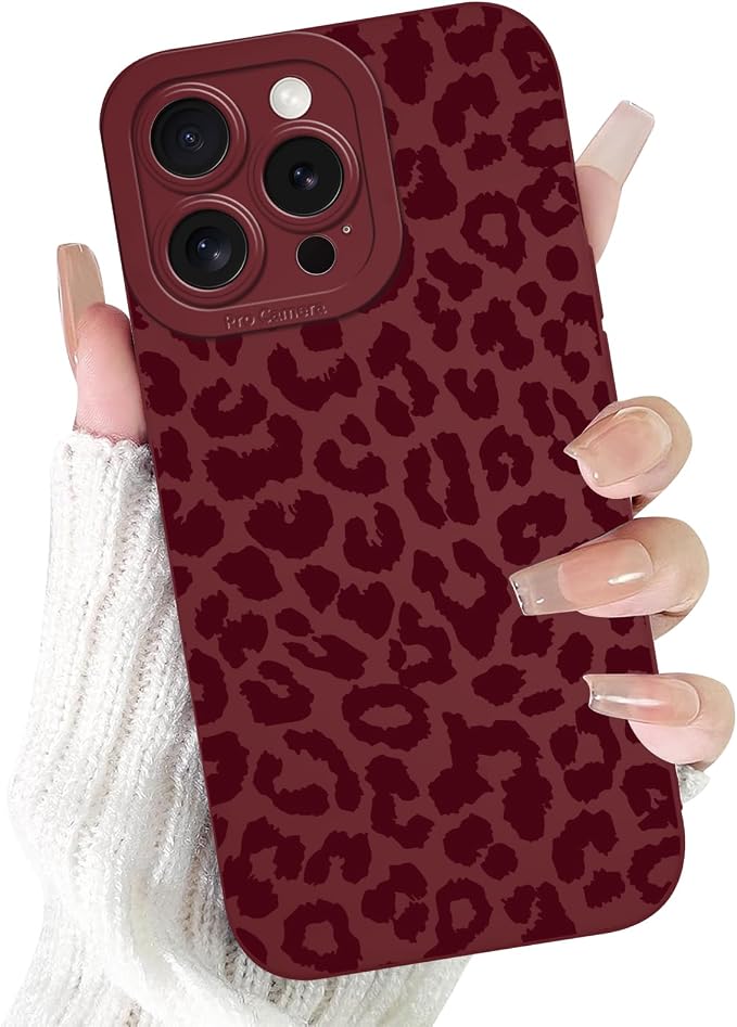Cute Burgundy Cheetah Print Phone Case for iPhone 16 Pro 6.3" | Aesthetic Leopard Pattern Design Cover Full Camera Lens Protective Shockproof Soft Slim TPU Funda for Women Girls by Unknown