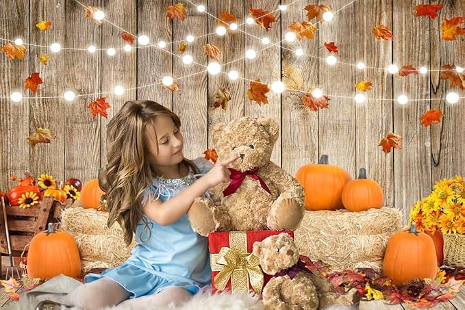 Autumn Thanksgiving Backdrop 10x8ft Rustic Barn Harvest Photography Background Barn Door Falling Maple Leaves Hay Bales Pumpkins Kids Baby Adult Portrait Shoot Fall Photo Booth Props - Image 5