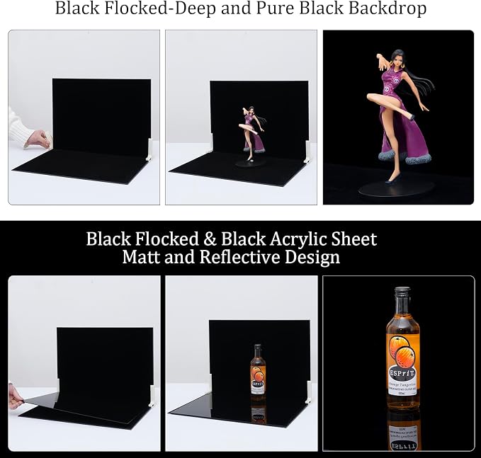 16 x 11.5 in Photo Backdrop Kit, Black Acrylic Sheet and Flocked Board | Mirror-Like Acrylic And Light-Absorbing Flocked Board For Photos Of Jewelry, Cosmetics, Figurines, Watches And Glassware - Image 3