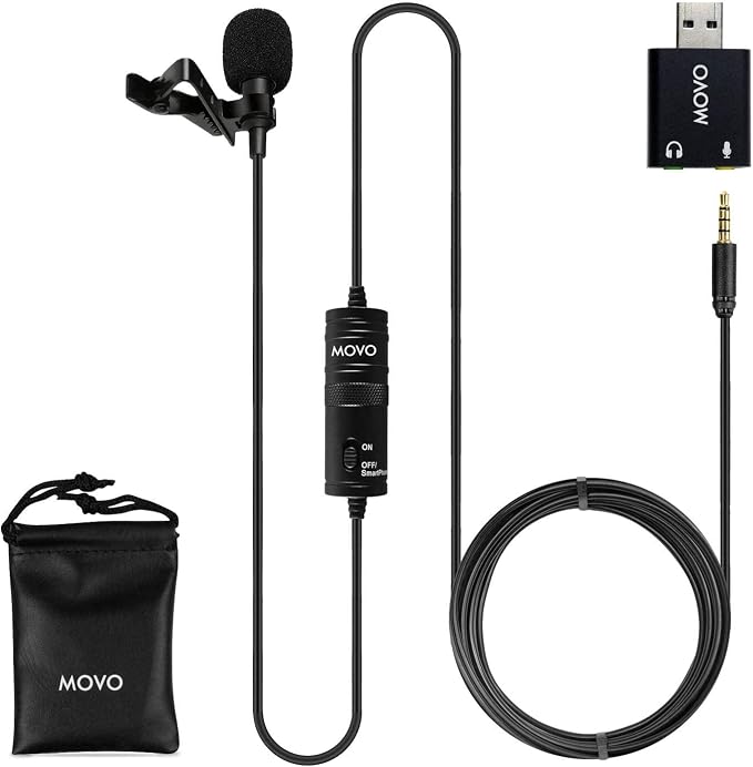 Movo LV1-USB Lavalier Microphone for Camera, Lapel for iPhone and Android Smartphones, Body Lav Mic, Clip On Microphone for 3.5mm, Shirt Lapel Mic for Phone, GoPro, Interview, Computer, PC by Movo